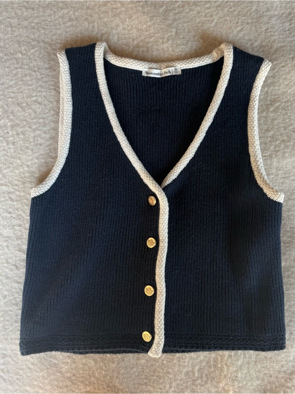 Abercrombie & Fitch Navy Blue Sleeveless V-Neck Sweater Vest with Cream Trim